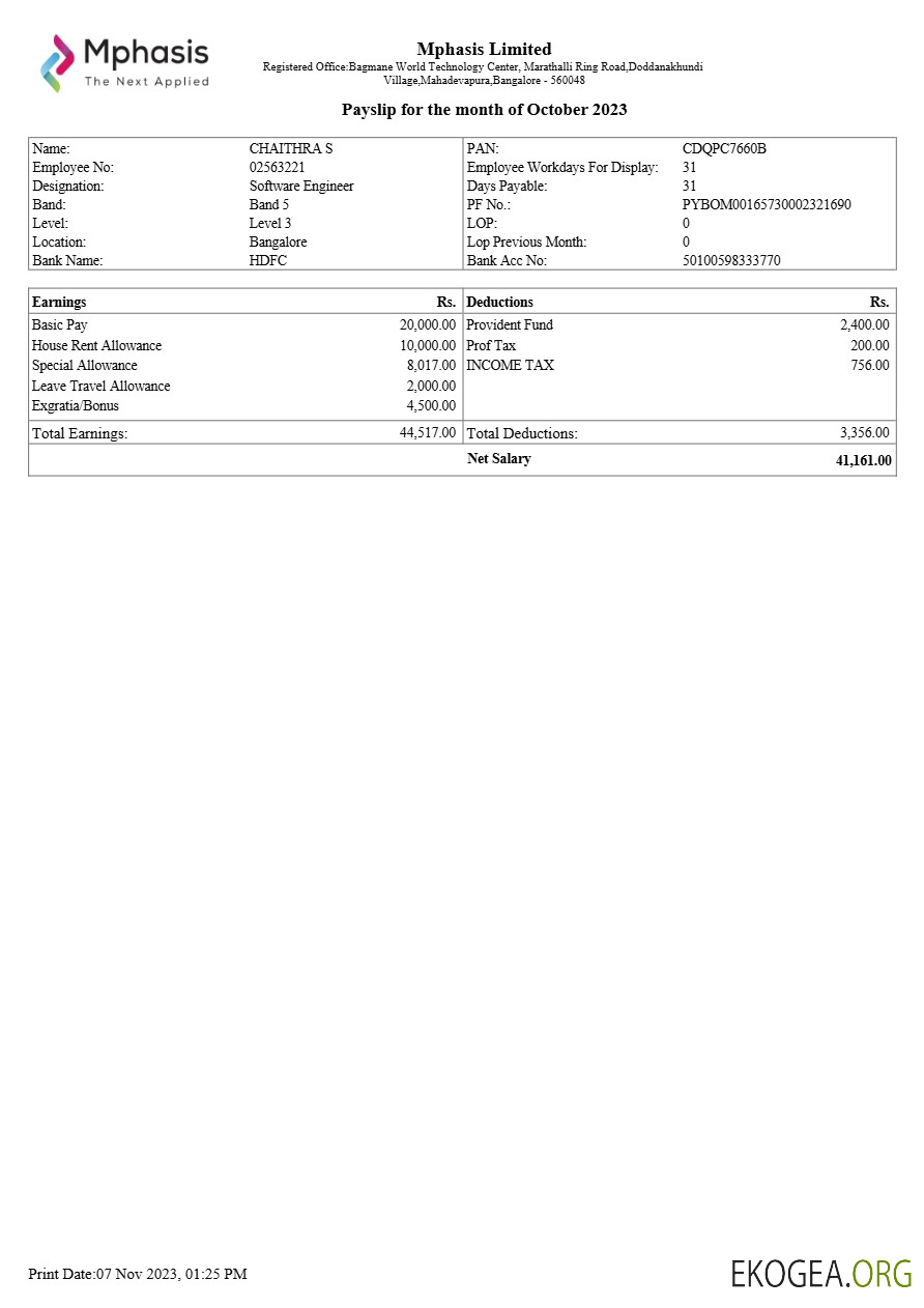 Modèle de fiche de paie de l'entreprise informatique Mphasis aux formats Word et PDF.pdf, 1